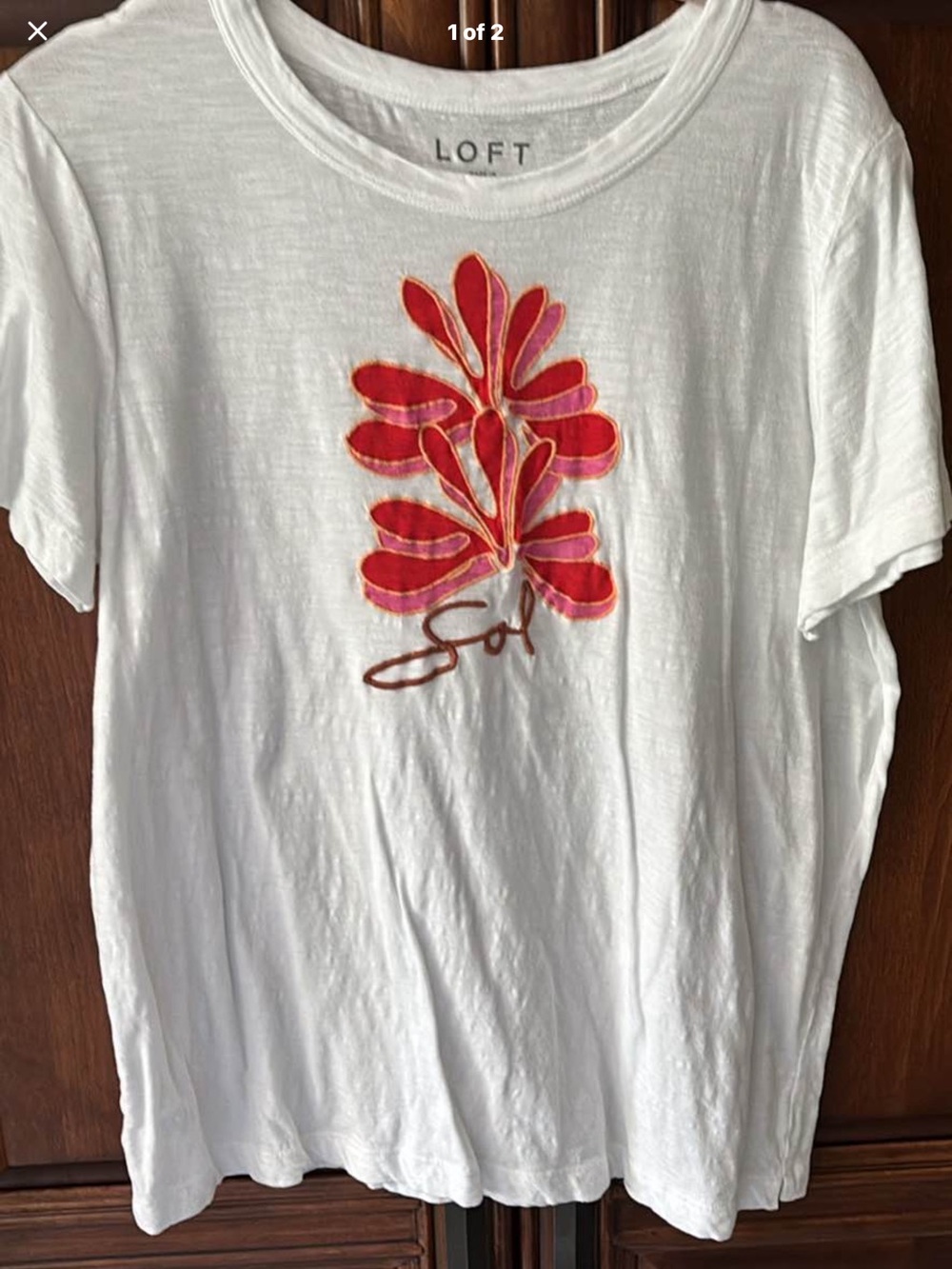 LOFT White Tee with Pink & Red Floral Applique